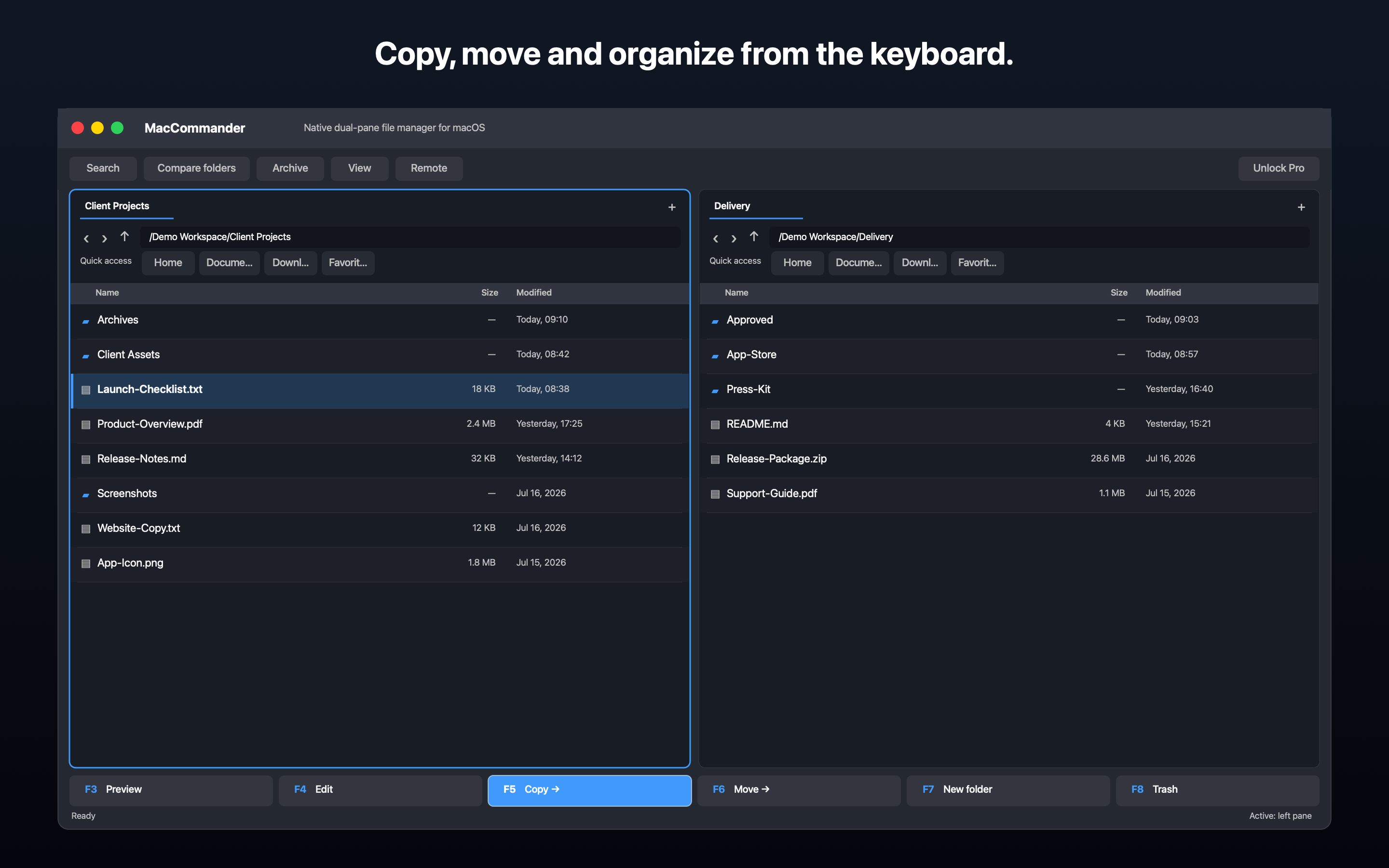 MacCommander — Klávesnicový workflow a F-klávesy