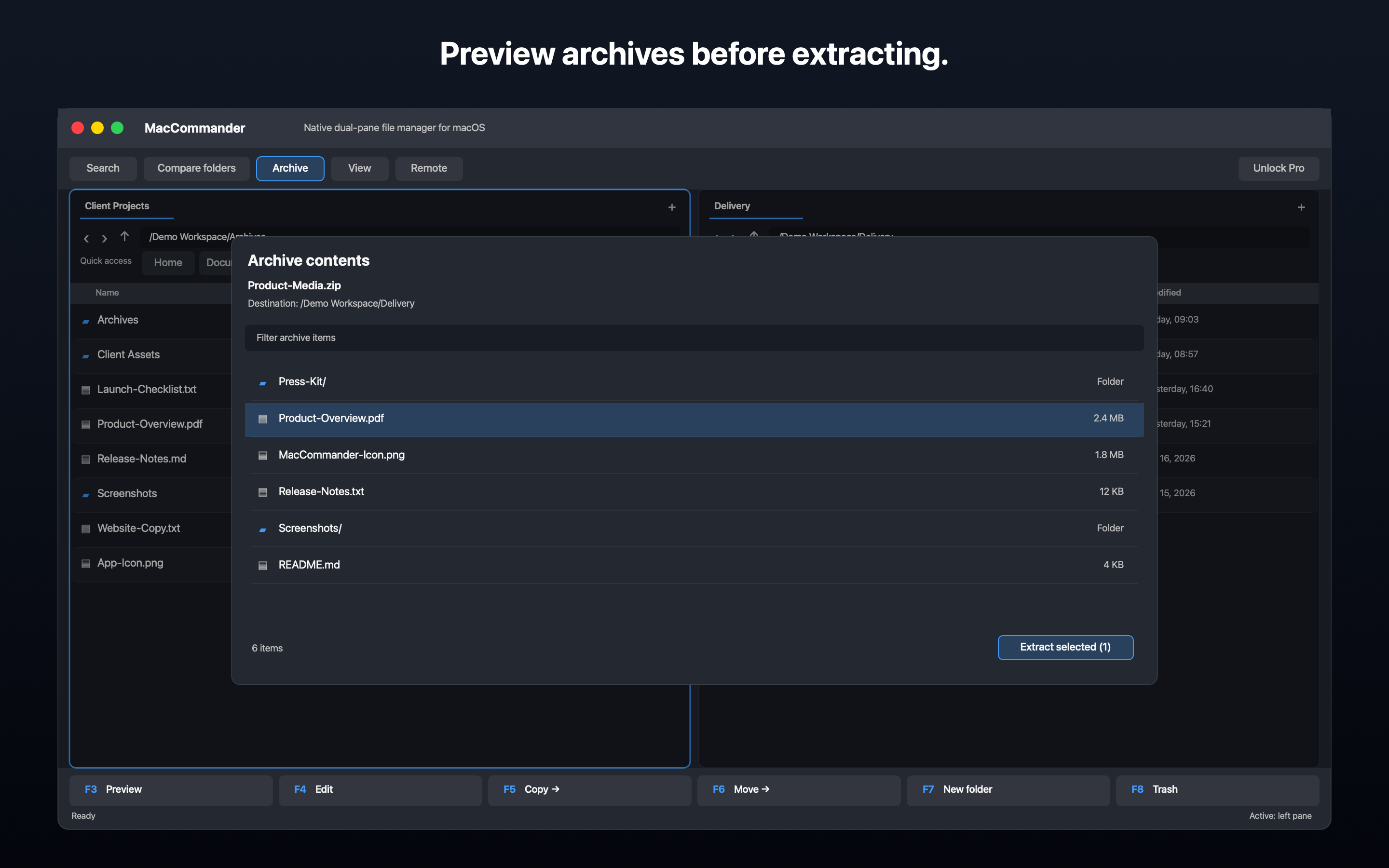 MacCommander — ZIP archivy a rychlý náhled