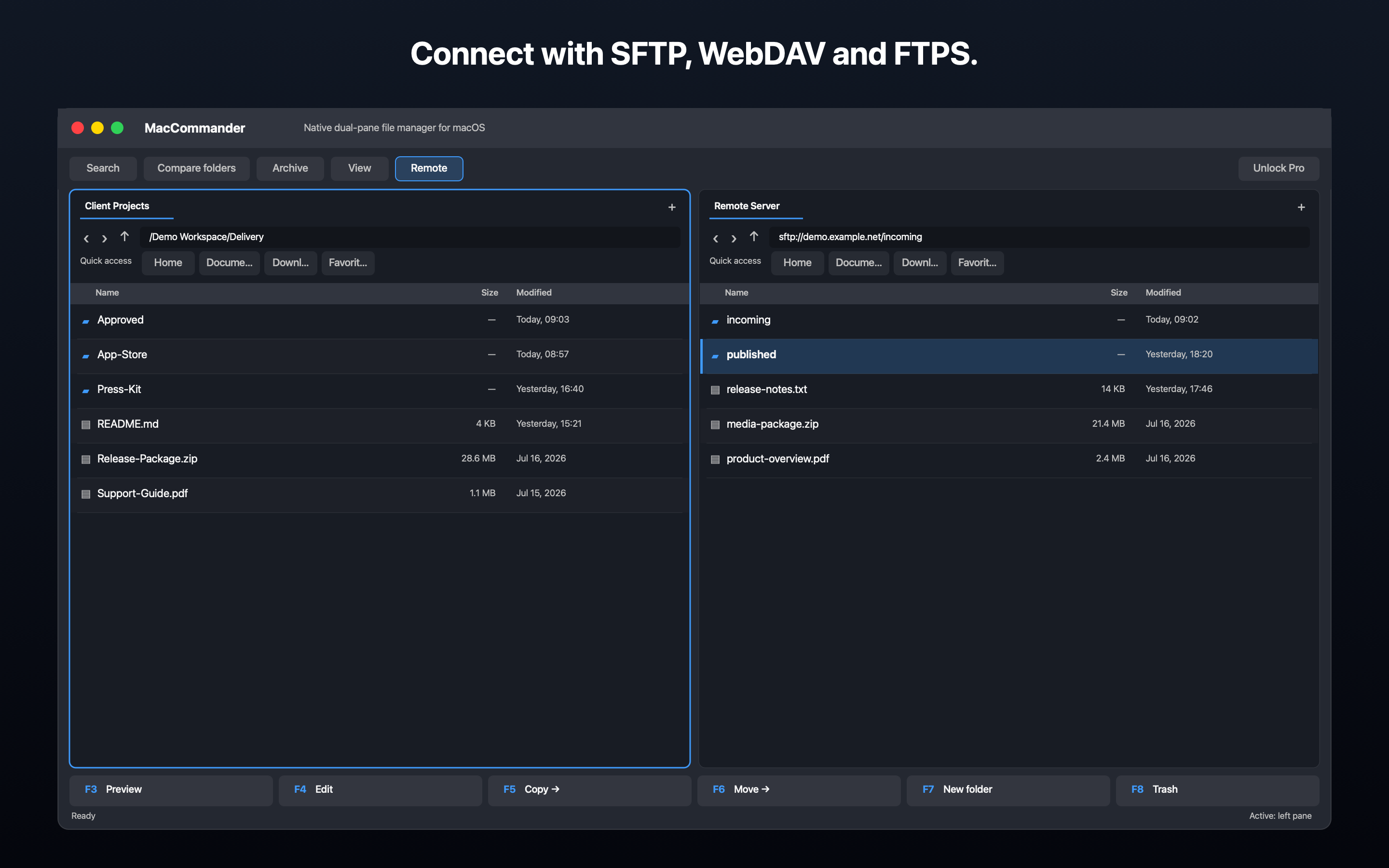 MacCommander — SFTP, WebDAV a FTPS připojení
