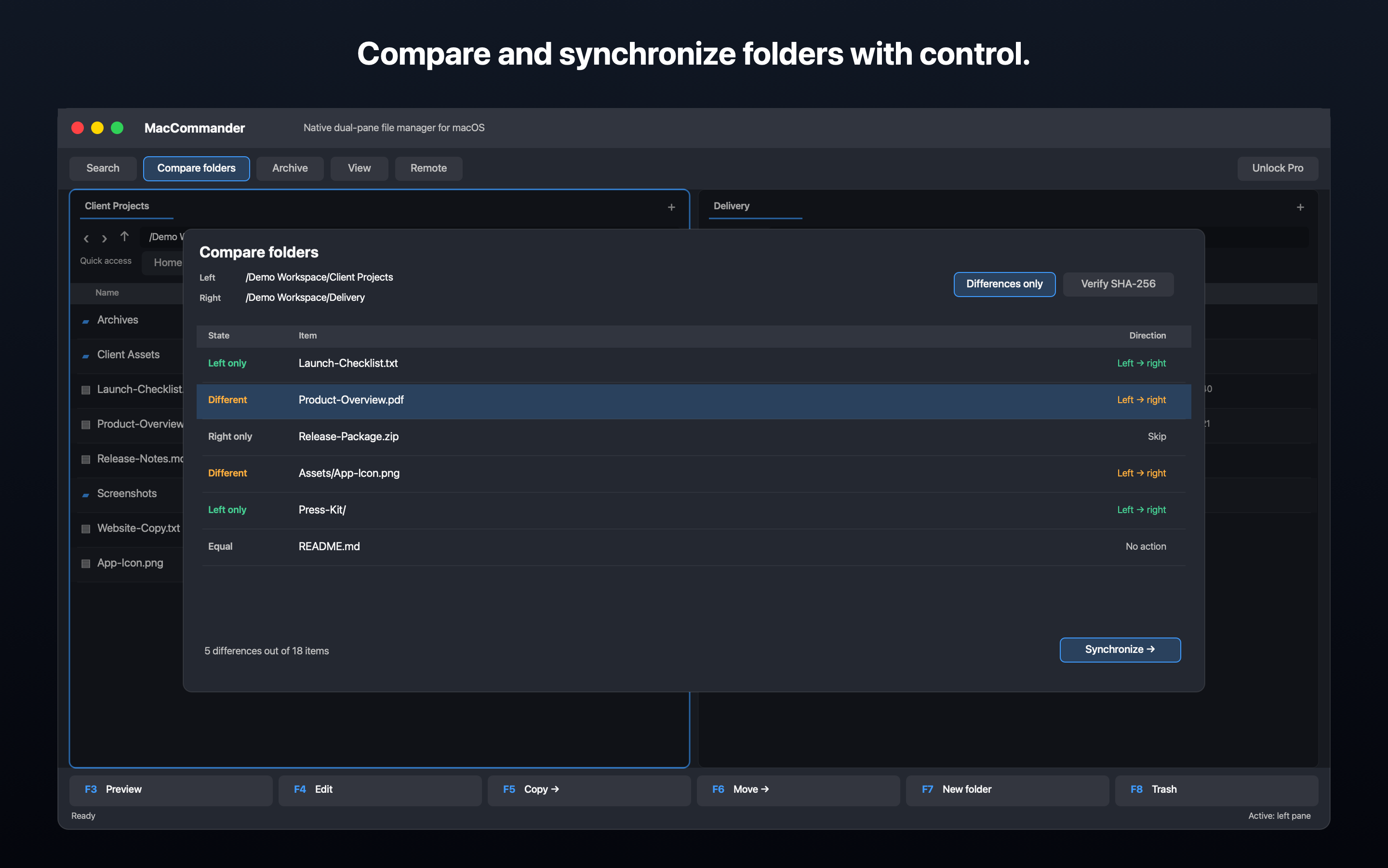 MacCommander — Bezpečné porovnání a synchronizace