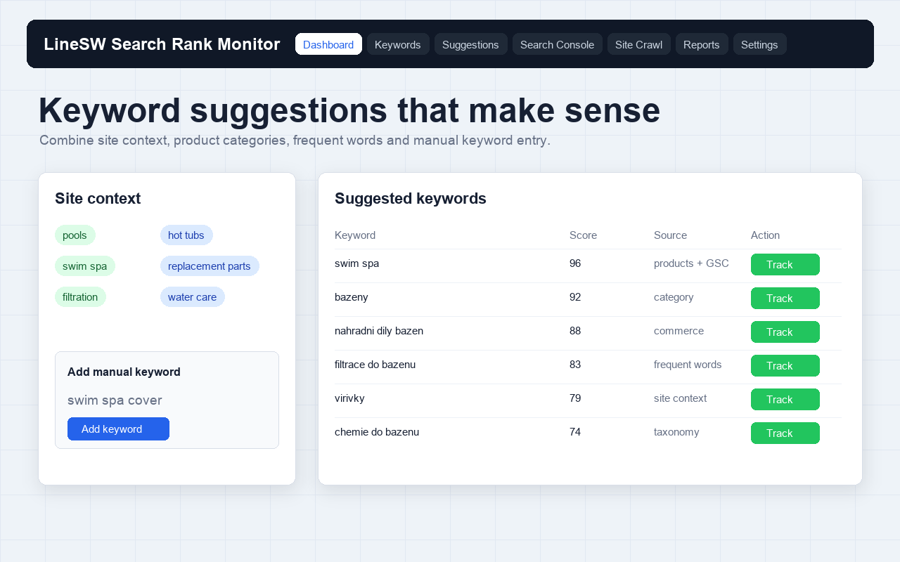 SEO Rank Radar — Návrhy klíčových slov · Ilustrační data