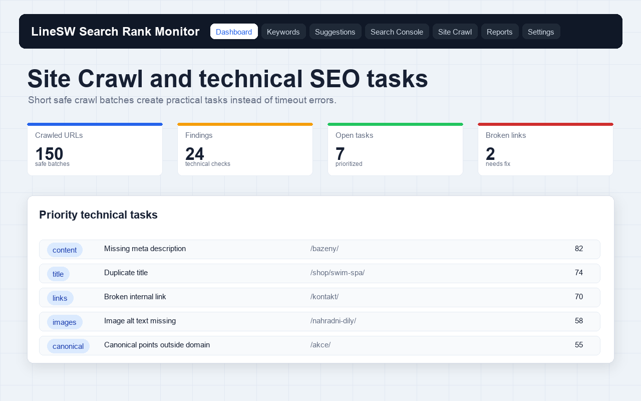 SEO Rank Radar — Site Crawl — 30 URL na běh · Ilustrační data